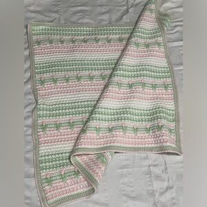 Pink and Green Crochet BABY CRIB BLANKET, PINK ROSE Throw Blanket SIZE 38X40”